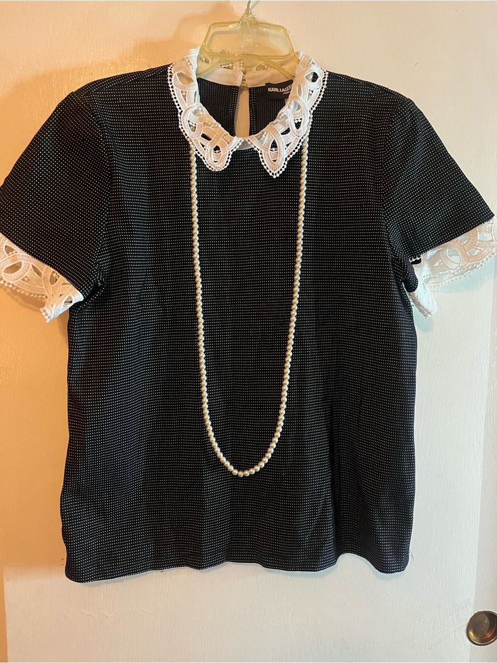 Karl Lagerfeld Black Top with White Lace Collar